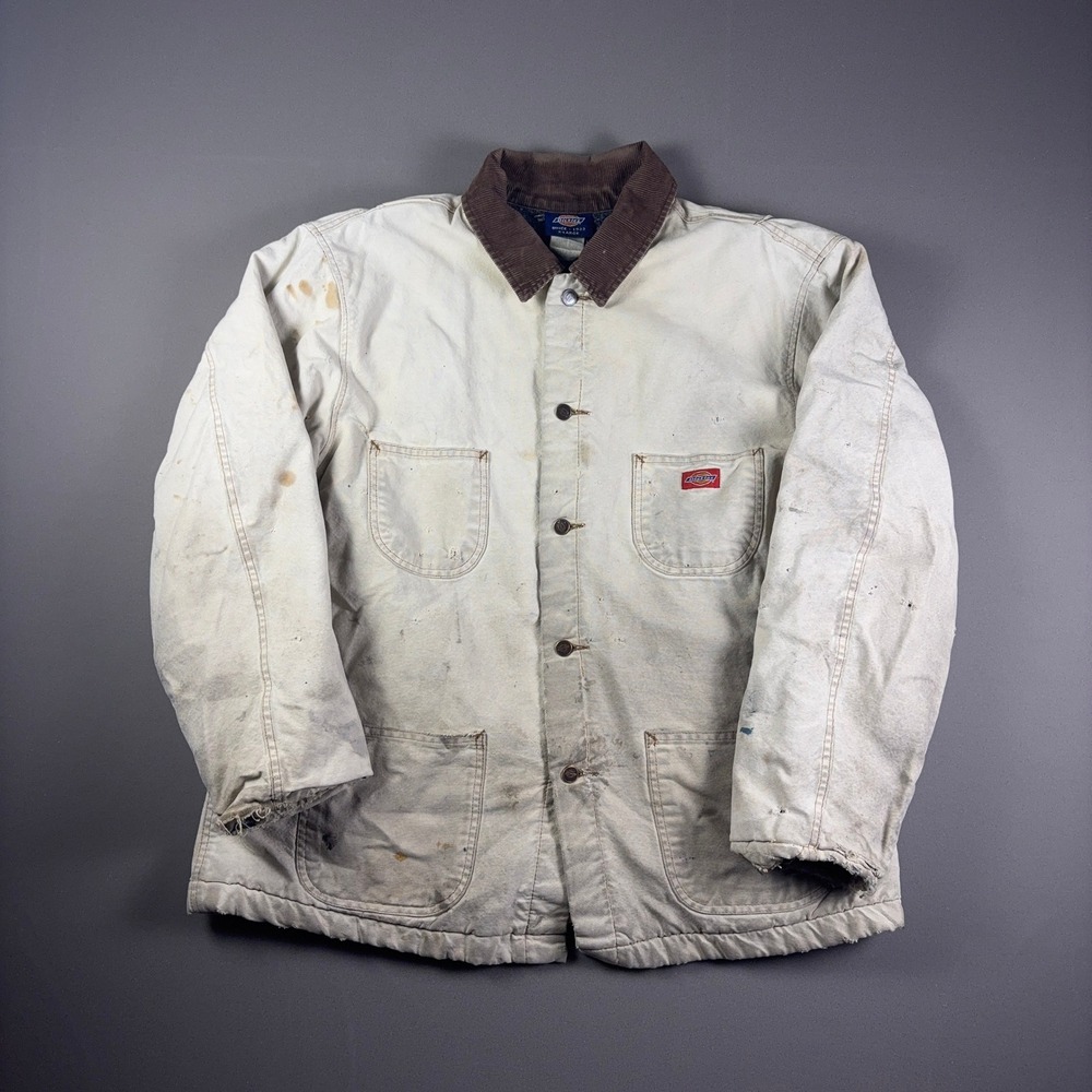 Vintage Dickies Chore Coat Blanket Lined Distressed Canvas Jacket Cream XL